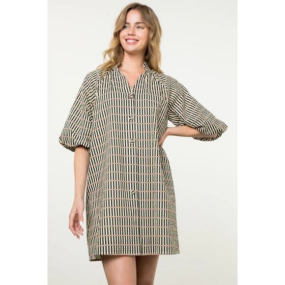 THML Puff Sleeve Stripe Dress Size M Black Yellow Dot Mini Shirt Button Pockets - Picture 1 of 8